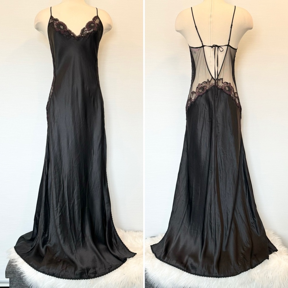 🌺SOLD🌺 Y2K Victoria’s Secret Silk Sheer Mesh Black Purple Maxi Gown Slip Dress - Picture 1 of 11